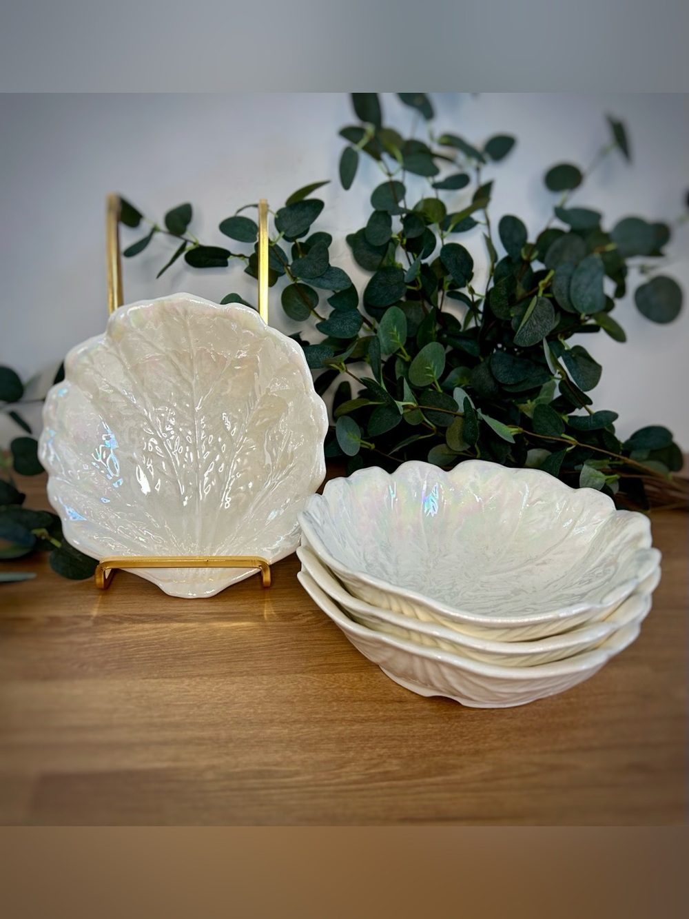 Vintage California Pottery Leaf Bowls | Iridescent White Cabbage Ware Set